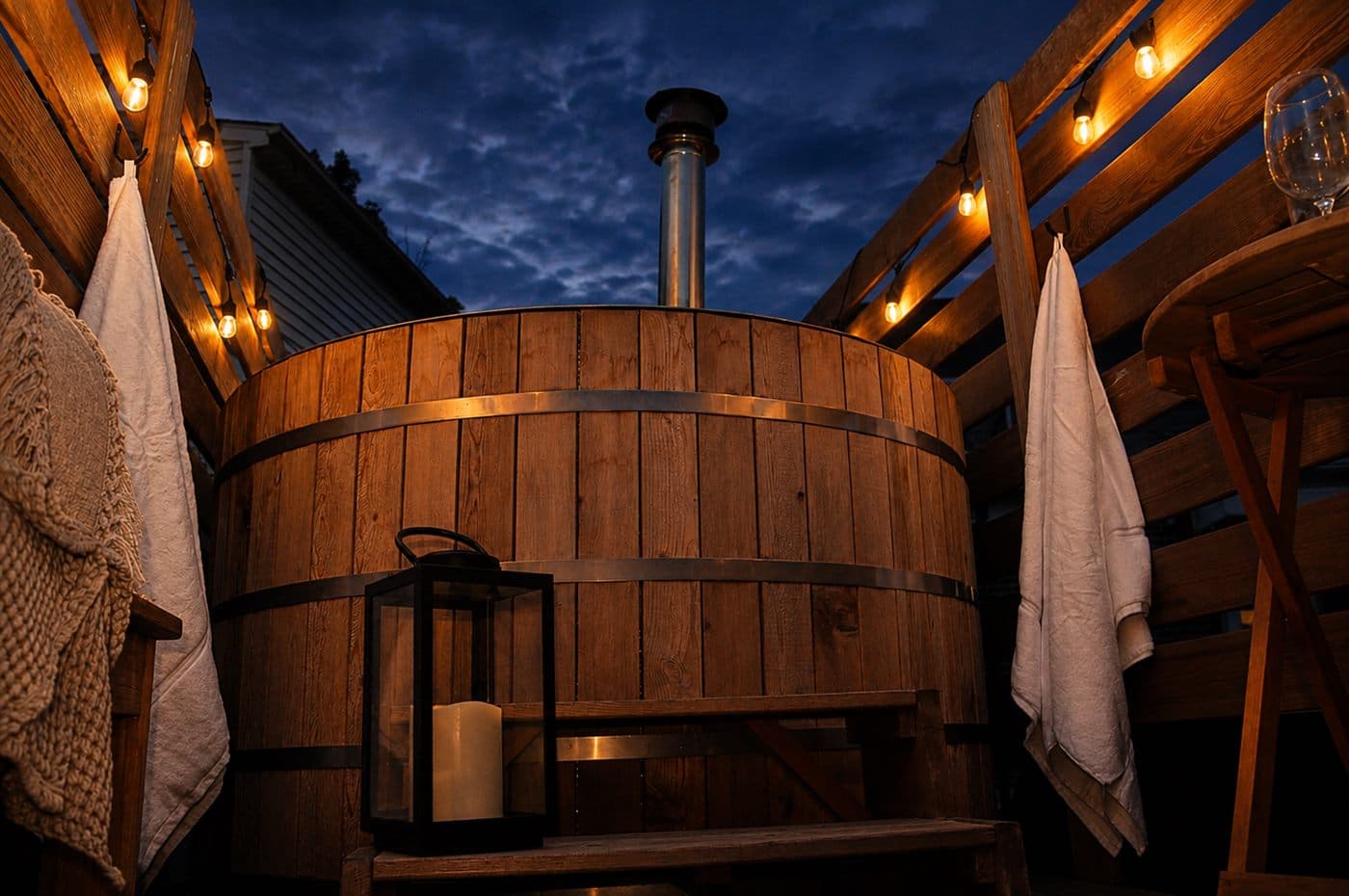 Cedar hot tub deck in daylight with steps, a lantern, and a wine table