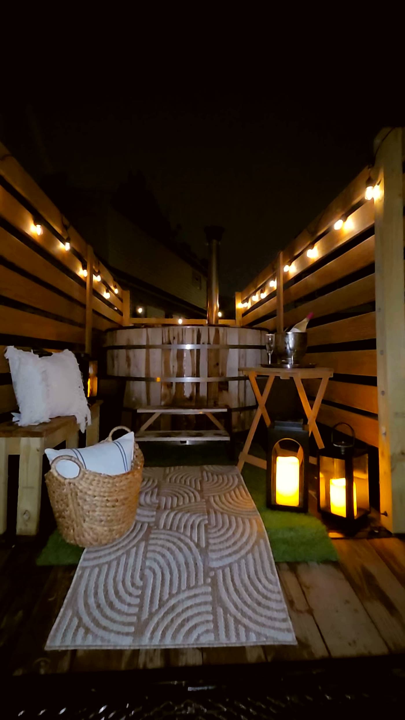 Cedar hot tub trailer setup in the evening