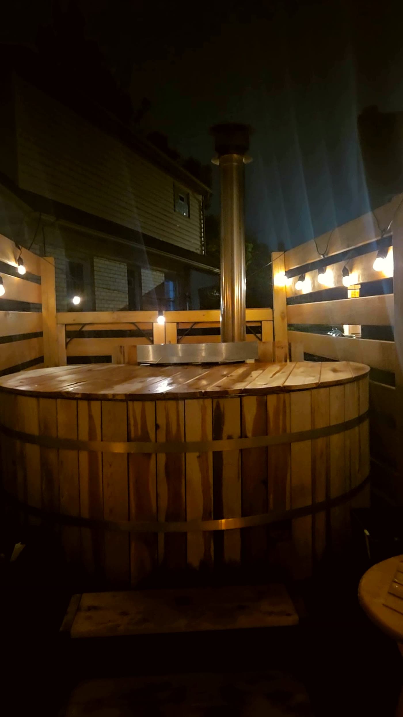 Cedar hot tub lid and stovepipe detail