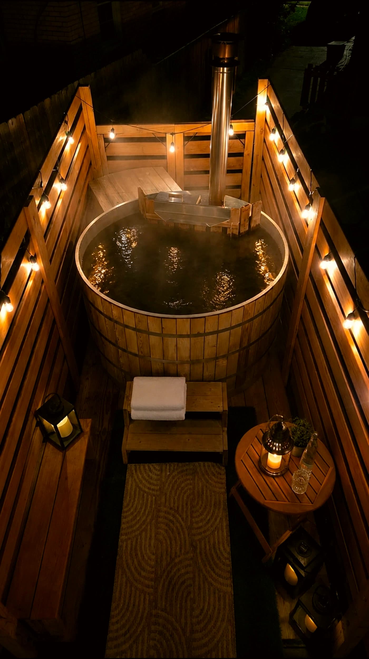Aerial view of the steaming cedar hot tub at dusk with string lights