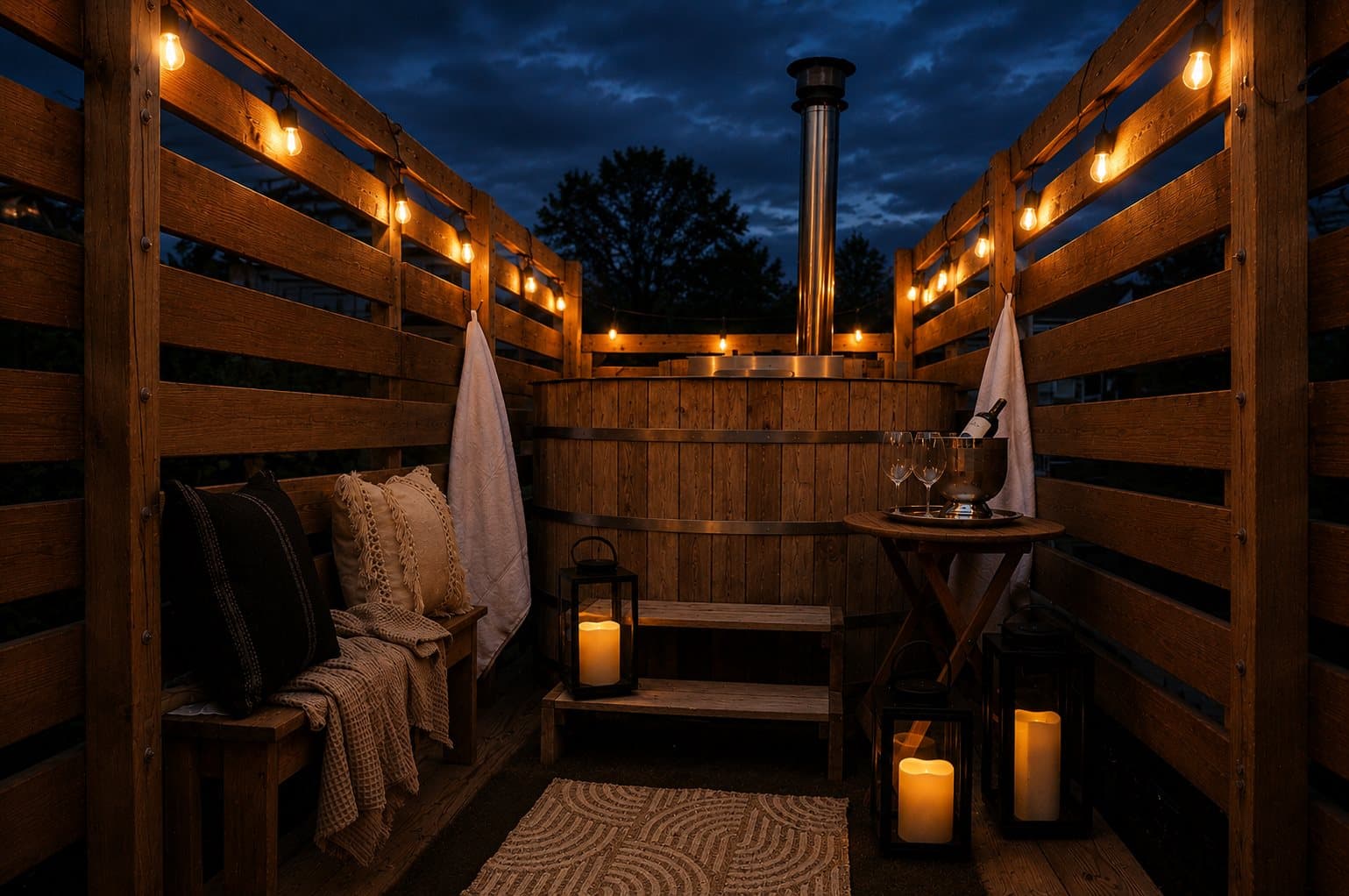 Cedar hot tub deck at night with string lights, candles, and private lounge seating