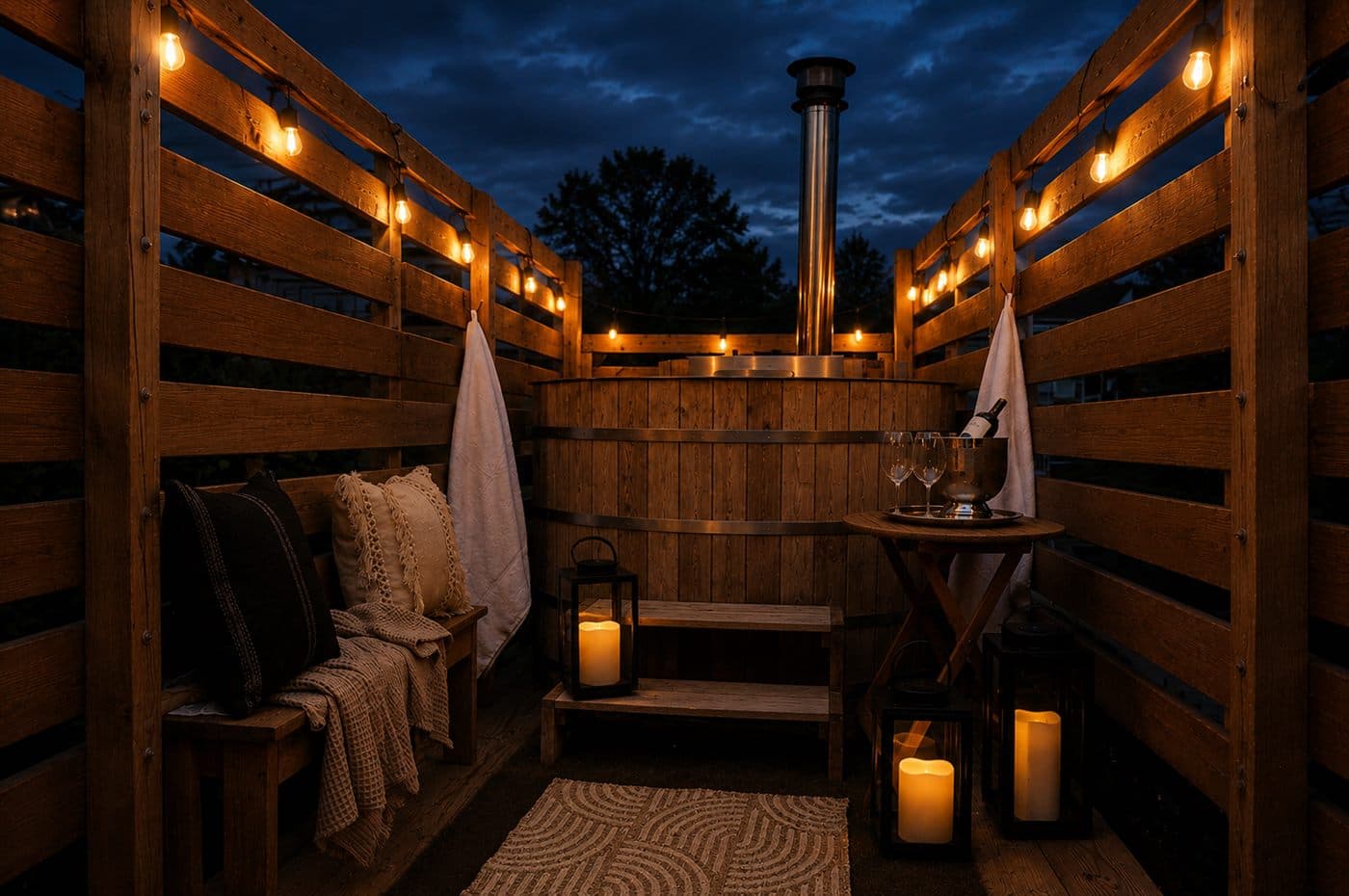 Cedar hot tub deck at night with string lights, candles, and private lounge seating