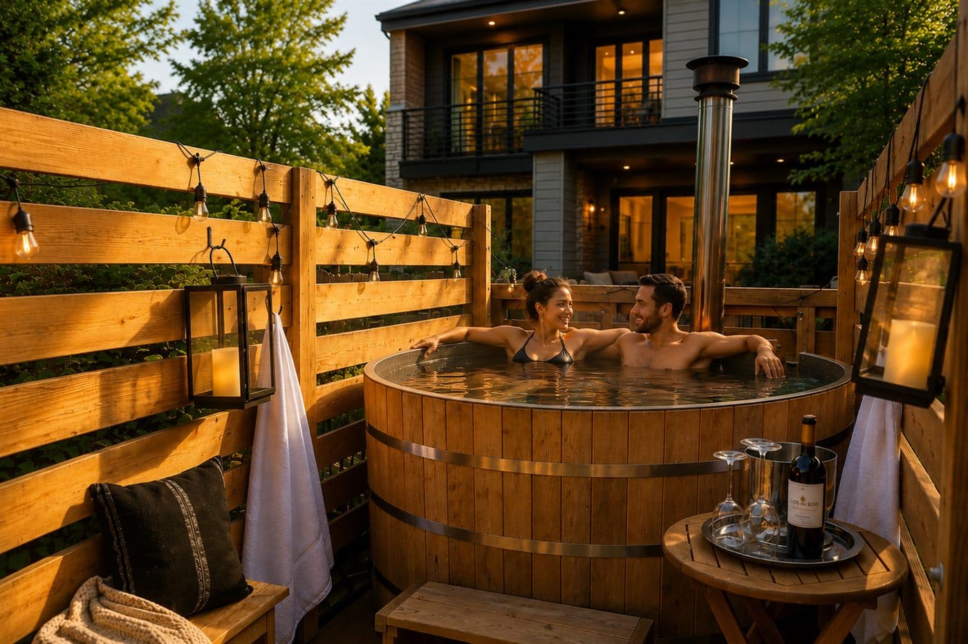 A couple relaxing together in the cedar hot tub at golden hour