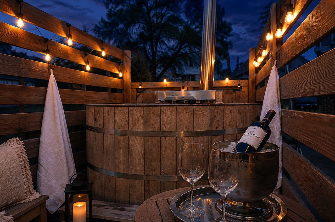 Wine and glasses chilling beside the cedar hot tub at night
